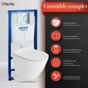 WC mural Lavita sans rebord+plaque Grohe+abattant SoftClose