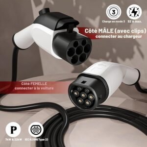 Rallonge câble VE Type 2 7kW 32A 5m Serrure IEC62196-2