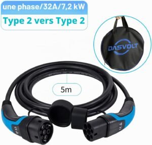 Câble de recharge Type 2 DasVolt 32A 7,2 kW monophasé 5m