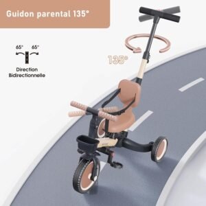 Tricycle 5 en 1 Newyoo 1-3 ans barre de poussée kaki
