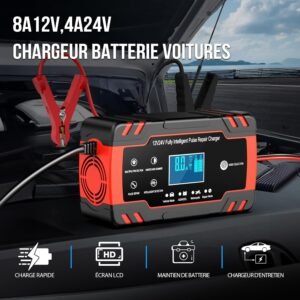 Chargeur batterie voiture 12V/24V 8A, maintien de charge
