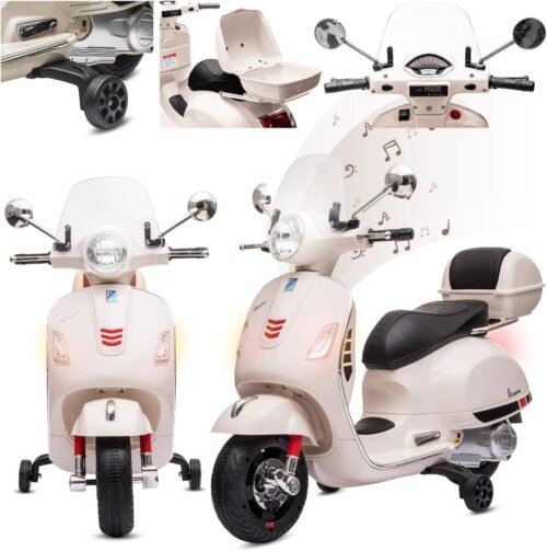 Scooter électrique enfant Vespa Blanc, MP3 et coffre