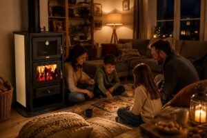 Poêle combustion bois 5+15 kW cuisinière arrière chaudière