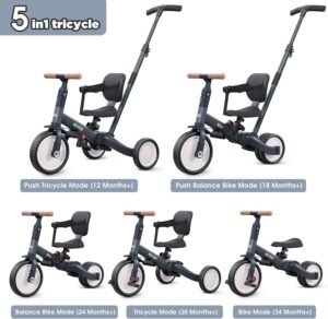 Tricycle 5 en 1 newyoo 1-3 ans, barre de poussée, anthracite