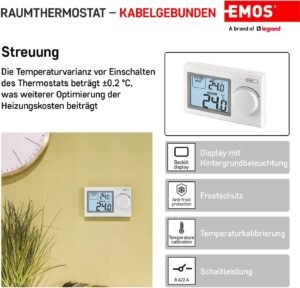 Thermostat numérique EMOS filaire LCD 5-35°C pose en surface