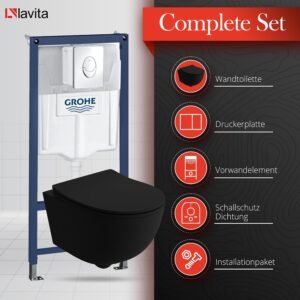 WC suspendu Brava noir sans bord - Kit complet LAVITA