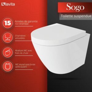 WC suspendu LAVITA Sogo blanc sans bord – Kit encastré