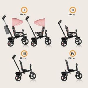 Tricycle bébé évolutif Lionelo Haari 2 en 1, siège 360° Rose