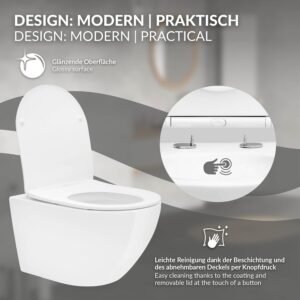WC suspendu LuxeBath céramique blanc sans rebord SoftClose