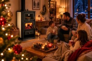Poêle combustion bois 5+15 kW cuisinière arrière chaudière