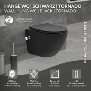 WC suspendu LuxeBath 49 cm sans rebord Noir Mat avec bidet