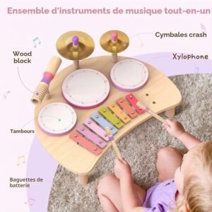 71tMmjY-OML._AC_SL1500_.jpg Batterie pour enfants 1-3 ans, musicale Montessori rose