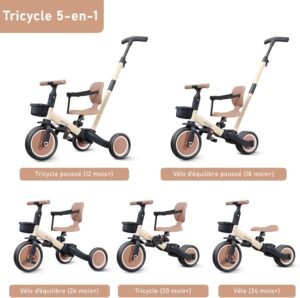 Tricycle 5 en 1 Newyoo 1-3 ans barre de poussée kaki
