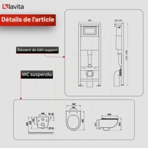 Élément mural WC 40 cm Lavita - kit noir sans bord