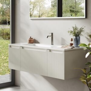 Meuble-lavabo mural 120 cm - vasque résine, tiroir blanc mat