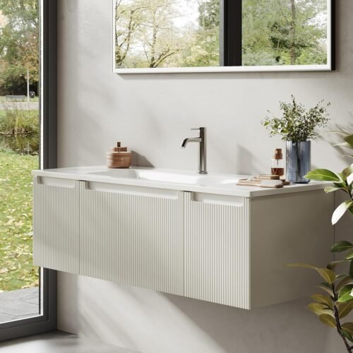 Meuble-lavabo mural 120 cm - vasque résine, tiroir blanc mat