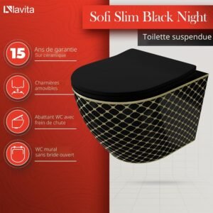 WC suspendu Lavita Sofi Slim sans bride - noir et or