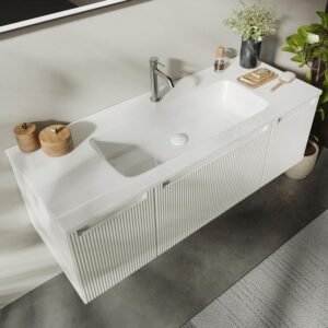 Meuble-lavabo mural 120 cm - vasque résine, tiroir blanc mat
