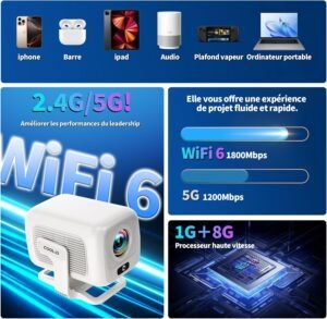 Vidéoprojecteur 1080P Mini WiFi 6 BT 5.4 Autofocus Blanc