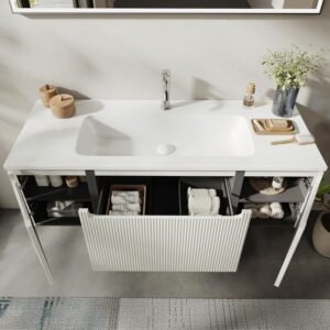 Meuble-lavabo mural 120 cm - vasque résine, tiroir blanc mat