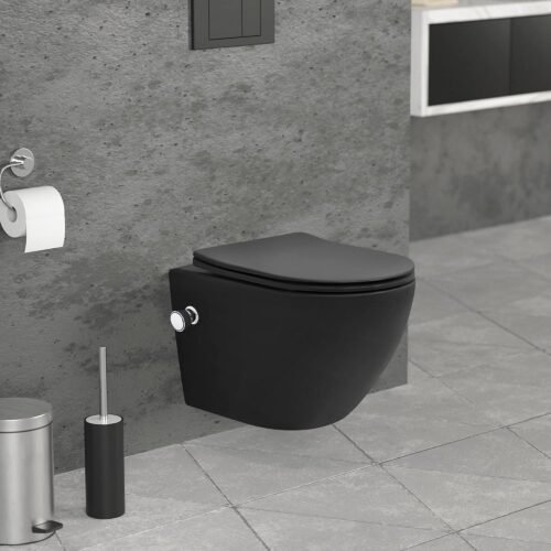 WC suspendu LuxeBath 49 cm sans rebord Noir Mat avec bidet